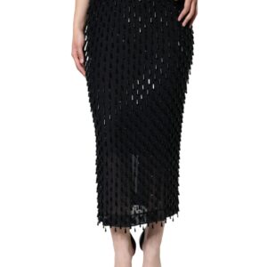 Black Embellished Pencil Cut Midi Skirt