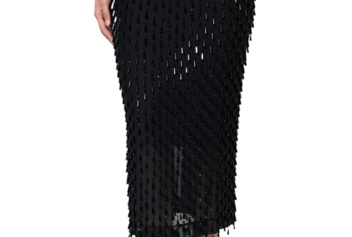 Black Embellished Pencil Cut Midi Skirt - Jag Couture London