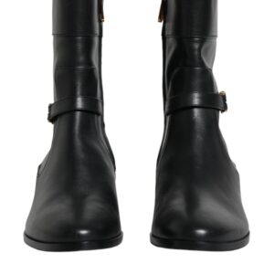 Black Leather Logo Mid Calf Boots Shoes