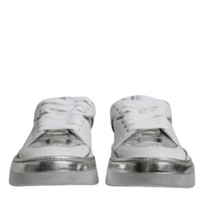 White Silver Leather Low Top Sneakers Shoes
