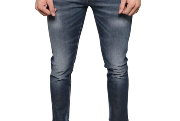 Dark Blue Washed Cotton Skinny Denim Jeans - Jag Couture London