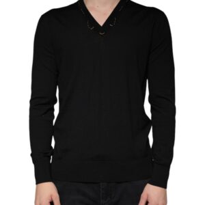 Black Embellished V-neck Pullover Sweater