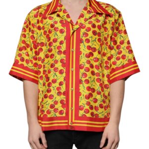 Yellow Cherry Button Down Silk Casual Shirt