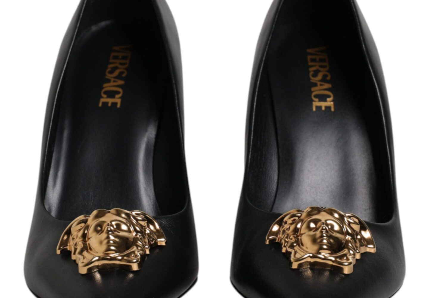 Black Leather Logo Plaque High Heels Pumps Shoes - Jag Couture London