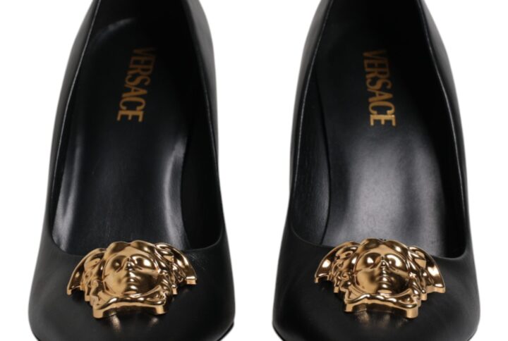 Black Leather Logo Plaque High Heels Pumps Shoes - Jag Couture London