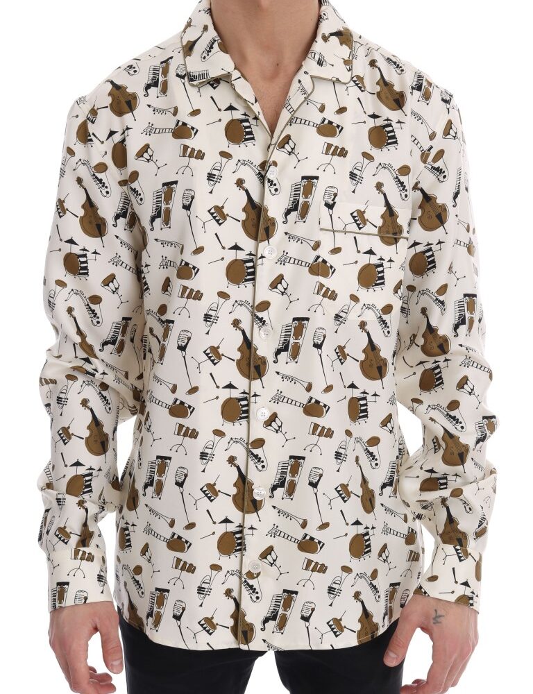 White Silk JAZZ Motive Print Shirt - Jag Couture London