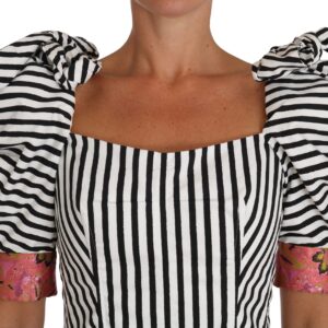 White Black Striped Cropped Top Puff Sleeve Shirts
