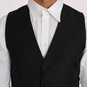 Black Solid Wool Silk Waistcoat Vest
