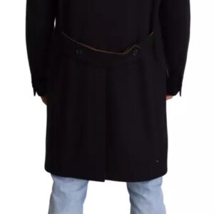 Blue Trench Coat Long Wool Stretch Jacket