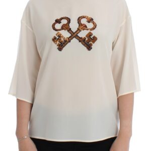 White Sequined Key Silk Blouse T-shirt Top