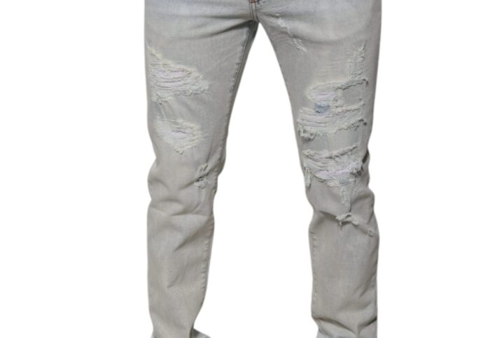 Light Blue Cotton Blend Tattered Skinny Denim Jeans - Jag Couture London