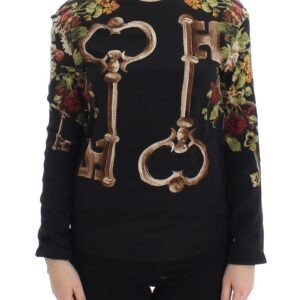 Black Key Floral Print Silk Blouse Top