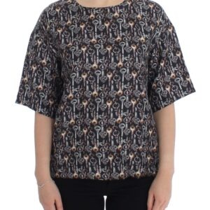 Gray Gold Key Print Silk Blouse T-shirt