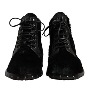 Black Pony Style Leather Mid Calf Boots Shoes - Jag Couture London