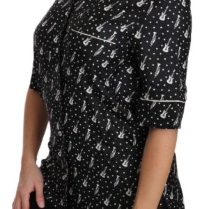 Black GuitarTrumpet Print Silk Shirt Top