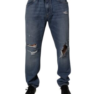 Blue Tattered Cotton Straight Denim Jeans - Jag Couture London