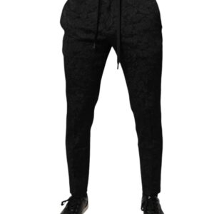 Black Brocade Polyester Skinny Dress Pants - Jag Couture London