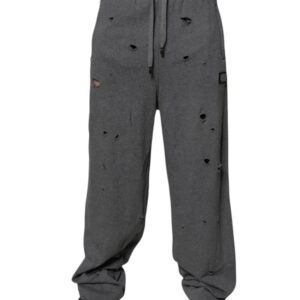 Gray Cotton RipStyle Straight Sweatpants Pants - Jag Couture London