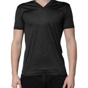 Dark Gray Silk V-neck Short Sleeves T-shirt - Jag Couture London