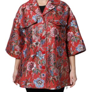 Red Floral Jacquard Button Down Coat Jacket - Jag Couture London