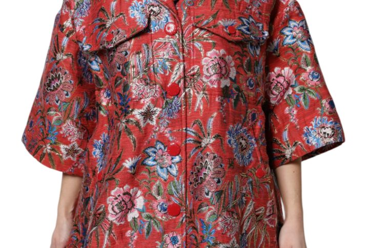Red Floral Jacquard Button Down Coat Jacket - Jag Couture London