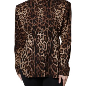 Brown Leopard Silk Button Down Coat Jacket - Jag Couture London