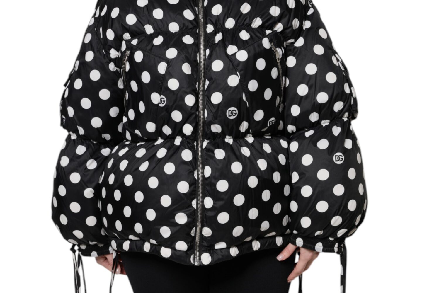 Black White Polka Dot Full Zip Puffer Jacket - Jag Couture London
