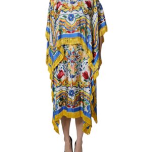 Multicolor Majolica Kaftan Short Sleeves Maxi Dress - Jag Couture London