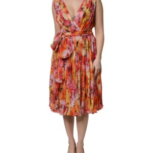 Multicolor Floral Silk V-neck Chiffon Dress - Jag Couture London