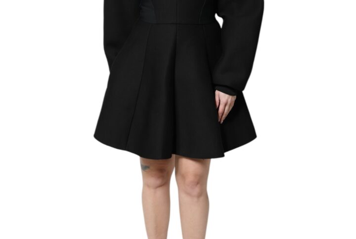 Black Cotton Long Sleeves A-line Mini Dress - Jag Couture London