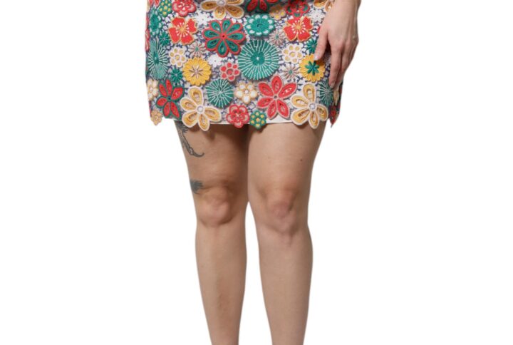 Multicolor Floral Lace High Waist Mini Skirt - Jag Couture London