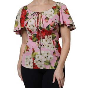 Pink Floral Silk Short Sleeves Blouse Top - Jag Couture London