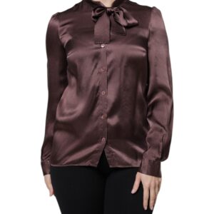 Brown Ascot Collar Long Sleeve Blouse Top - Jag Couture London