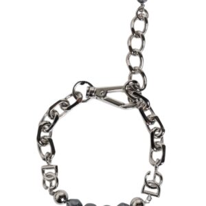 Silver Tone Chain Lobster Clasp Logo Gray Pearls Bracelet