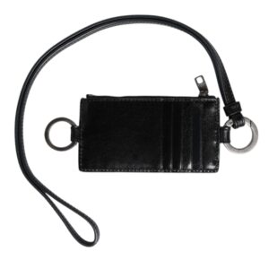 Black Leather Logo Embossed Lanyard Card Holder Wallet