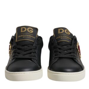 Black Leather Gold Red Heart Sneakers Shoes