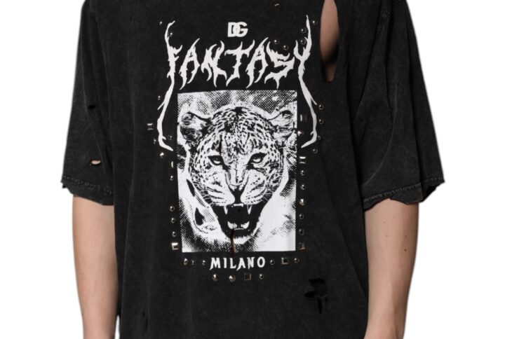 Black Graphic Print Cotton Crew Neck T-shirt - Jag Couture London