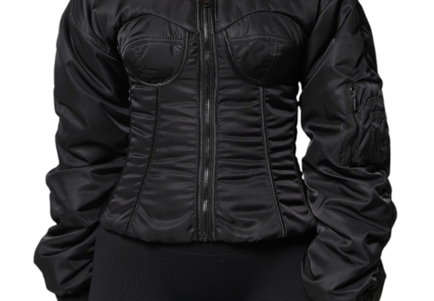 Black Nylon Full Zip Bustier Corset Jacket - Jag Couture London