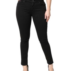 Black Cotton Mid Waisted Skinny Denim Jeans - Jag Couture London
