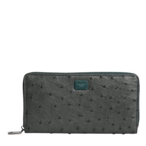 Green Ostrich Logo Plaque Zip Around Continental Wallet