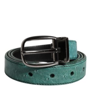 Green Ostrich Leather Silver Metal Buckle Belt