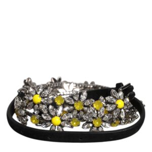 Black Leather Daisy Crystal Embellish Waist Belt