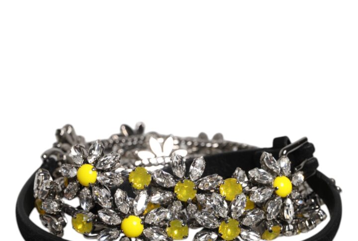 Black Leather Daisy Crystal Embellish Waist Belt - Jag Couture London