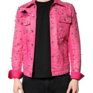 Pink Crystal Embellished Cotton Denim Jacket - Jag Couture London