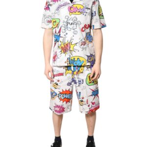 White Cartoon Print Cotton Men Pajama Set Sleepwear