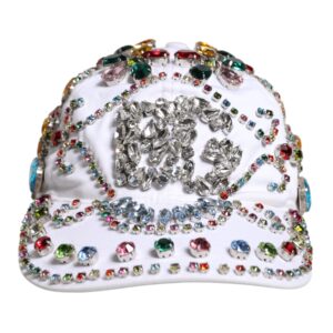 White Multicolor Crystal Embellish Baseball Cap