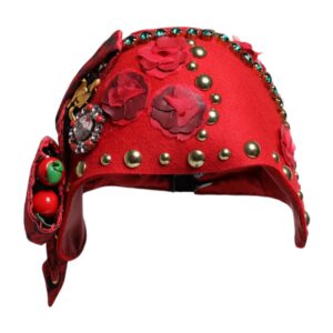 Red Crystal Gold Roses Brooch Embellished Hat - Jag Couture London