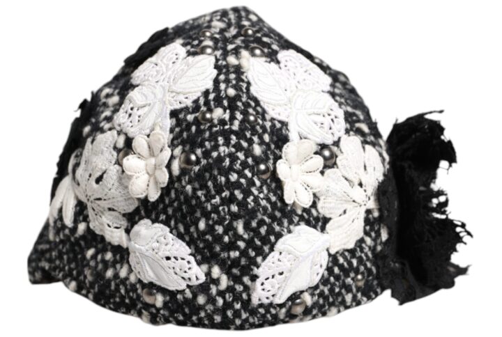 Black Wool White Floral Embellished Cloche Hat - Jag Couture London