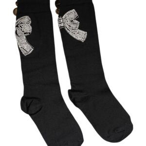 Black Knit Floral Crystal Embellishment Socks