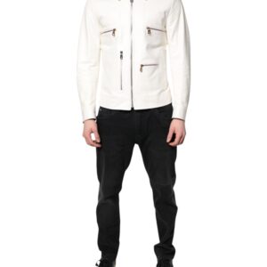 White Collared Full Zip Biker Coat Jacket
